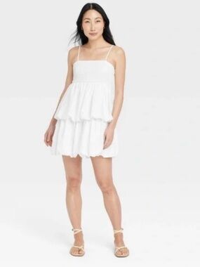 A New Day White Bubble Hem Mini Dress Smocked Cami Size Small
